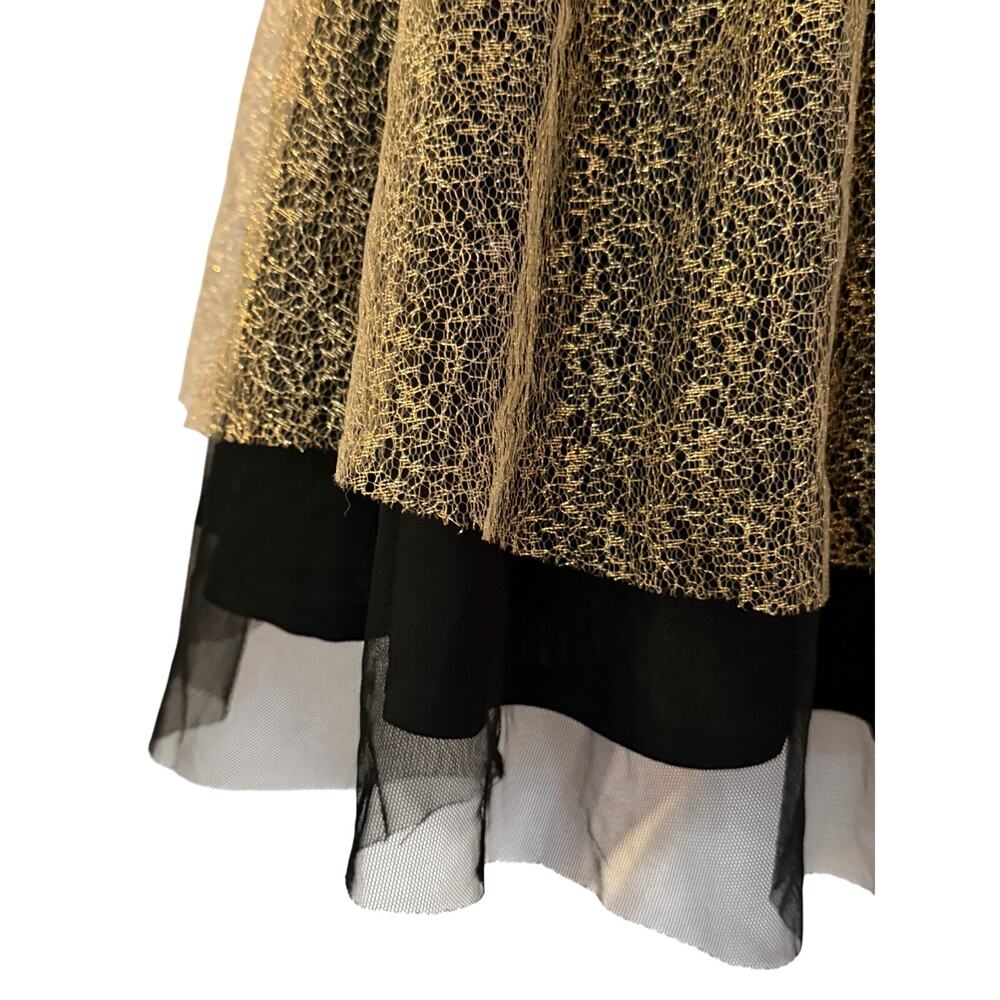 Mystic Strapless Gold Lace Cocktail Dress Black Sash Belt Fit & Flare Bow Small - Picture 4 of 7